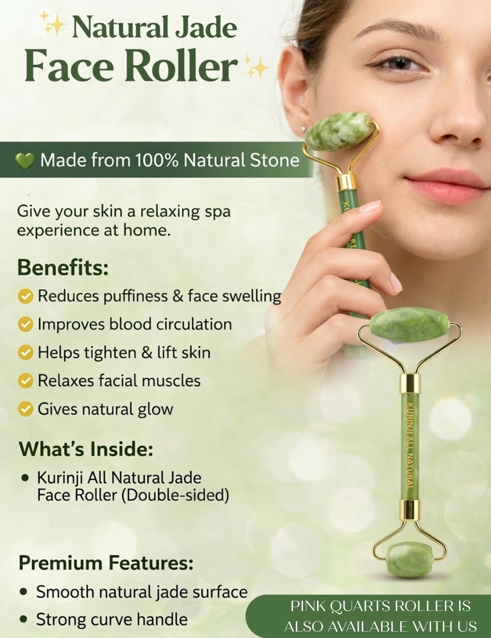 Jade Face Roller – Natural Facial Massage Tool for Glowing Skin